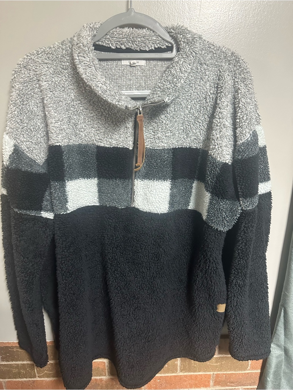 Maurices Plush Half-Zip Cowl Neck Sweater - Color Block/ Black & White Plaid